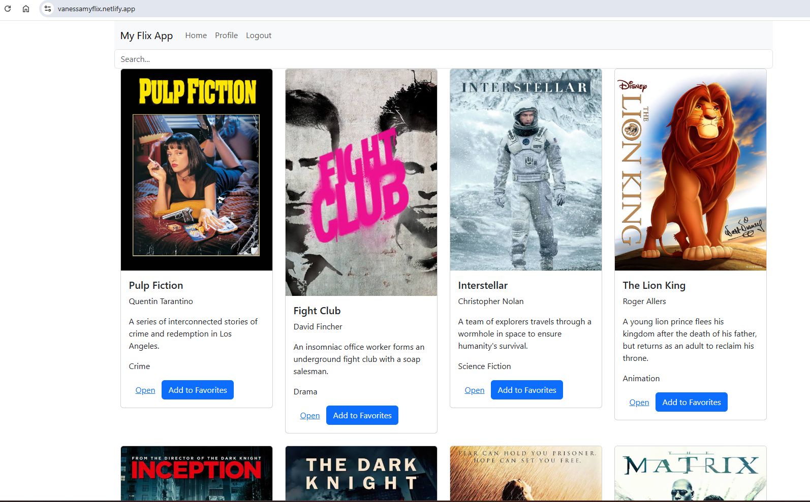 Screenshot of myFlix React app