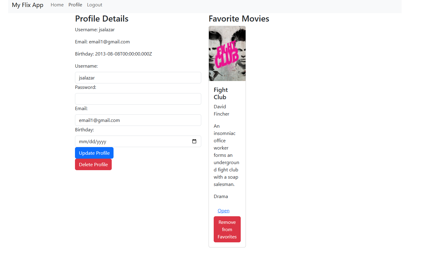 Screenshot of the myFlix movie app profile view